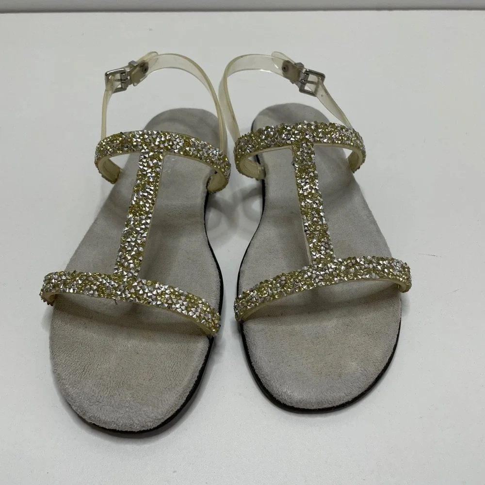 Aerosoles Womens 8.5 Rhinestone T-Strap Slingback Flat Sandals Gold Silver Glam